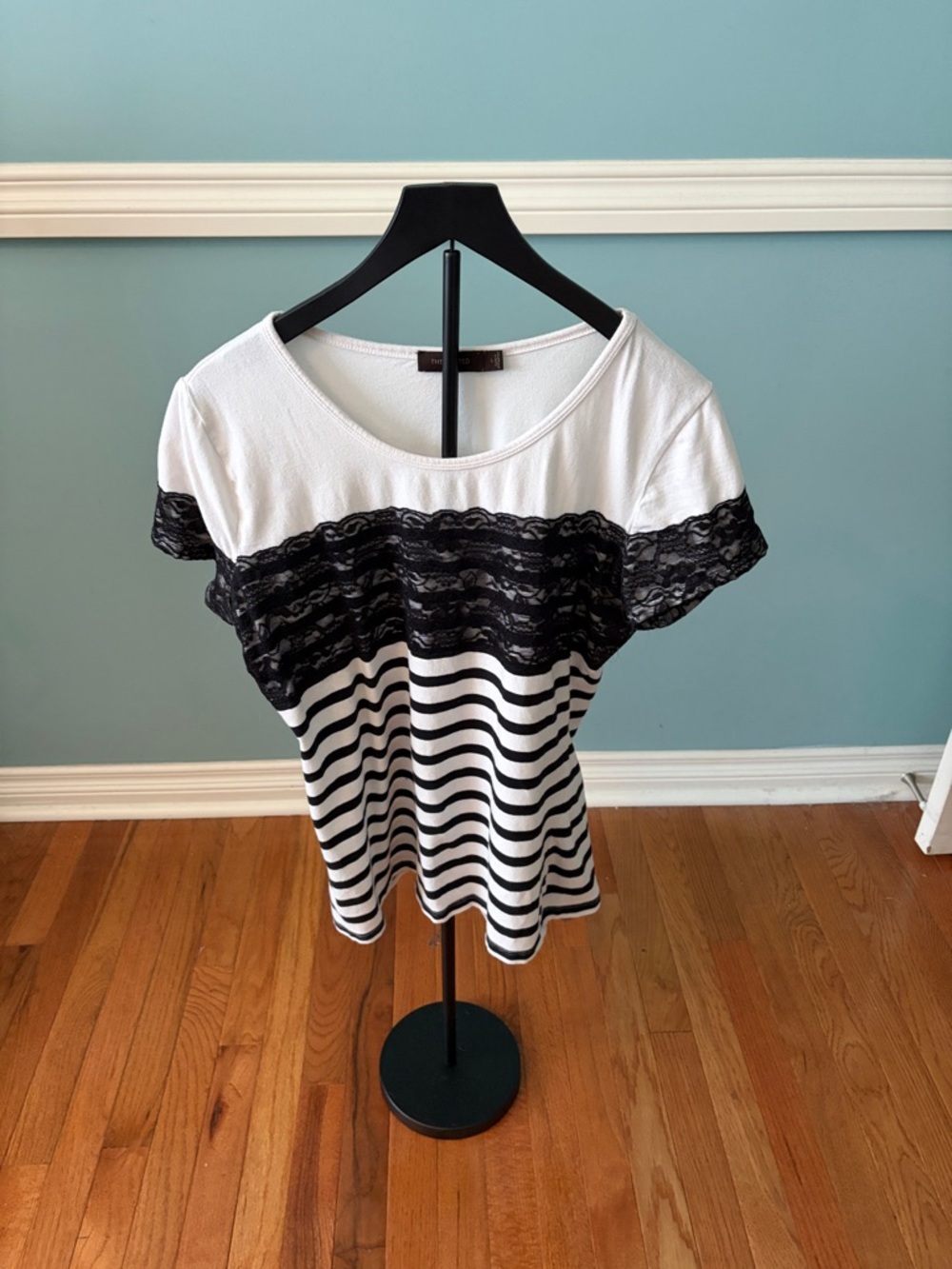 The Limited Black & White Lace-Trim Striped Short Sleeve Tee